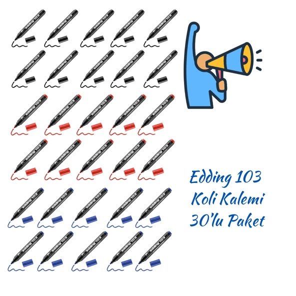 Edding Permanent Markör E-103  Mavi Siyah Kırmızı 30’lu Paket ürün görseli 1