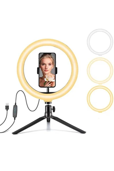 LED Işıklı Telefon Tutuculu Masaüstü Tripod  Canlı Yayın, Video ve Makyaj İçin Halkalı Ring Light ürün görseli 1
