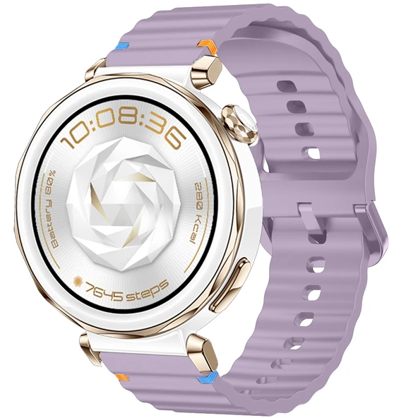 Huawei Watch GT5 Pro 42mm İle Uyumlu Dalga Desenli Tokalı Yumusaş Soft Silikon Kordon  Lila ürün görseli 1