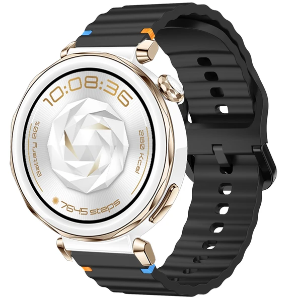 Huawei Watch GT5 Pro 42mm İle Uyumlu Dalga Desenli Tokalı Yumusaş Soft Silikon Kordon  Siyah ürün görseli 1
