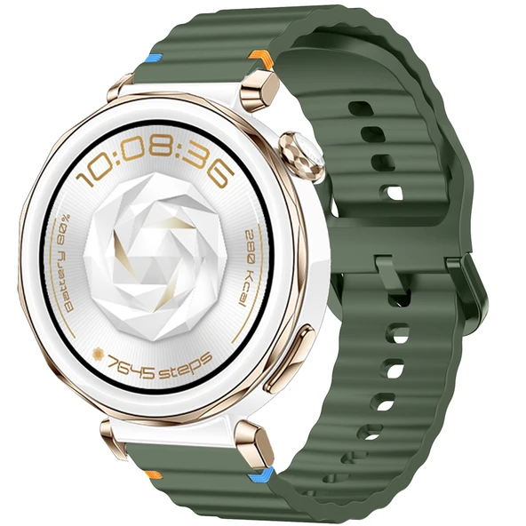 Huawei Watch GT5 Pro 42mm İle Uyumlu Dalga Desenli Tokalı Yumusaş Soft Silikon Kordon  Haki ürün görseli 1