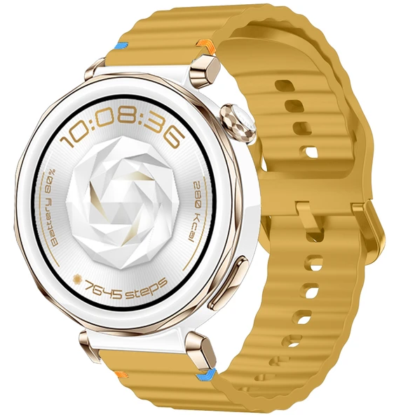 Huawei Watch GT5 Pro 42mm İle Uyumlu Dalga Desenli Tokalı Yumusaş Soft Silikon Kordon  Sarı ürün görseli 1