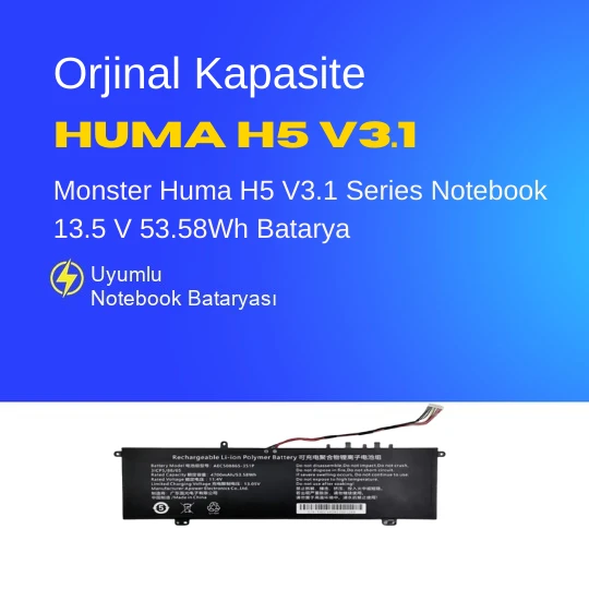 Monster Huma H5 V3.1 Series Notebook 13.5 V 53.58Wh Batarya – Orjinal Uyumlu, Yüksek Performanslı ürün görseli 1