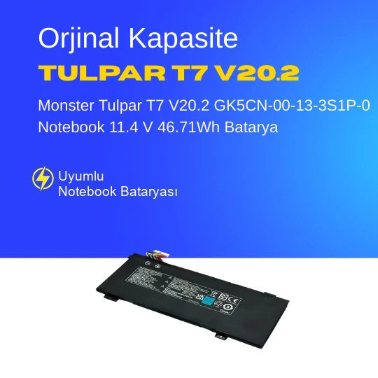 Monster Tulpar T7 V20.2 GK5CN-00-13-3S1P-0 Notebook 11.4 V 46.71Wh Batarya – Orjinal Uyumlu, Yüksek Performanslı ürün görseli 1
