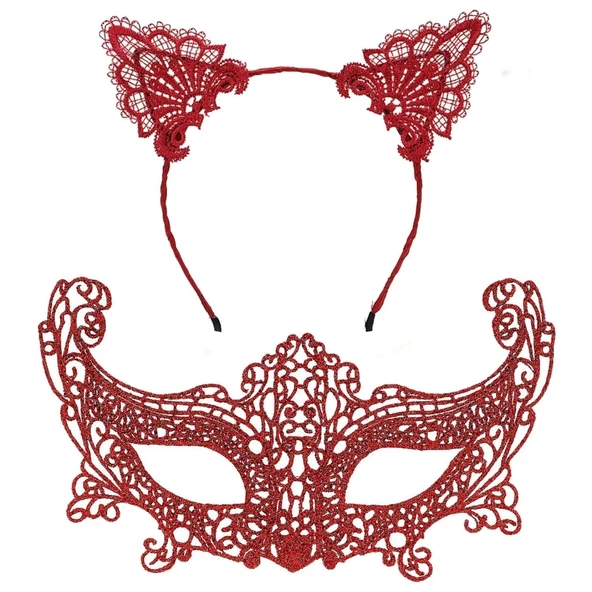 Mey İthalat® Romantik Kırmızı Dantel Maske Seti – Kedi Kulaklı Taç ve Maske 3 No ürün görseli 1