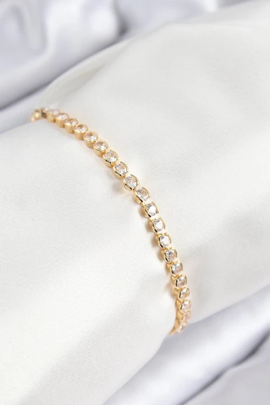 Mey İthalat® Pirinç Zirkon Taşlı Sıralı Model Gold Renk Asansörlü Kadın Bileklik ürün görseli 1