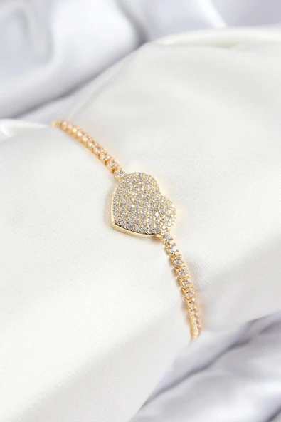 Mey İthalat® Pirinç Zirkon Taşlı Kalp Model Gold Renk Asansörlü Kadın Bileklik ürün görseli 1