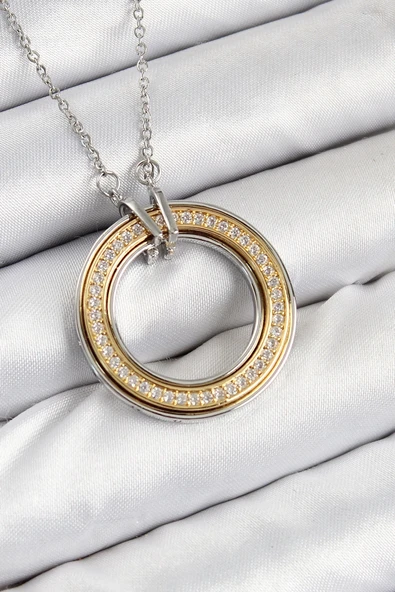 Mey İthalat® 316L Çelik Zirkon Taşlı Dönen Daire Model Gold Ve Gümüş Renk Kadın Kolye ürün görseli 1