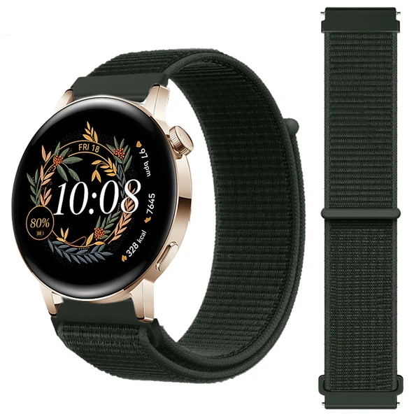 Huawei Watch GT3 42mm GT2 42mm İle Uyumlu Ayarlanabilir Cırt Cırtlı Yumuşak Spor Kumaş Örgü Kordon  Haki ürün görseli 1