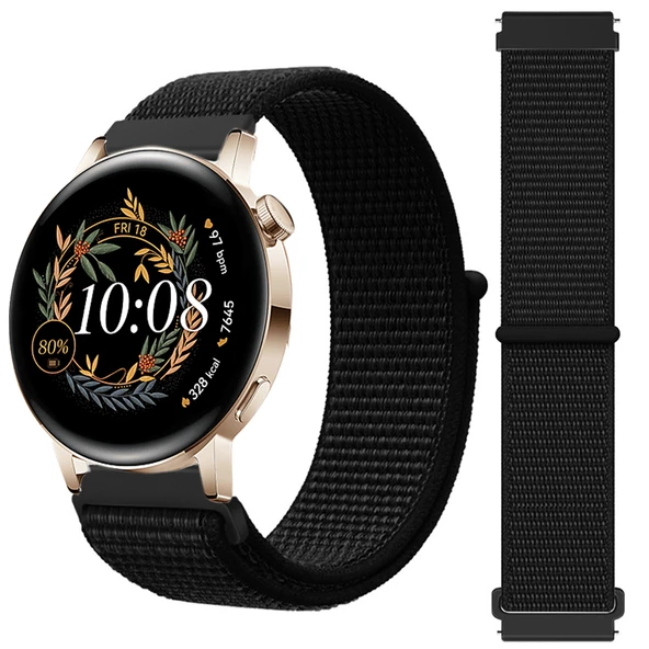 Huawei Watch GT3 42mm GT2 42mm İle Uyumlu Ayarlanabilir Cırt Cırtlı Yumuşak Spor Kumaş Örgü Kordon  Siyah ürün görseli 1