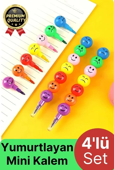 Özel Seri İlkokul Okul Öğrenci Renkli Hafif Eğlenceli Emoji Yüzlü Yumurtlayan Mini Kalem 4'lü Set ürün görseli 1