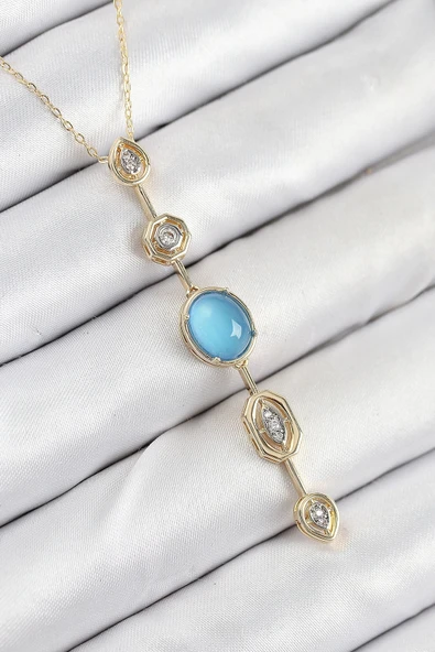 Mey İthalat® Pirinç Zincir Mavi Gold Renk Zirkon Taşlı Y Kolye ürün görseli 1