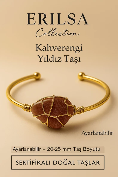 Sertifikalı Doğal Kahverengi Yıldız Taşı Ayarlanabilir 24K Altın Kaplama Bileklik 20-25 mm ürün görseli 1