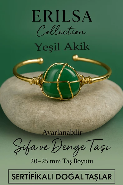 Sertifikalı Doğal Yeşil Akik Taşı Ayarlanabilir 24K Altın Kaplama Bileklik 20-25 mm ürün görseli 1