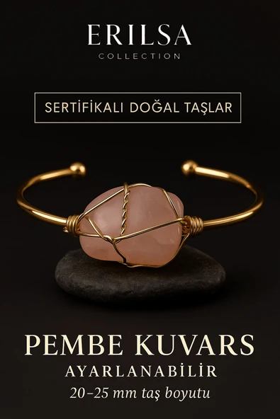 Sertifikalı Doğal Pembe Kuvars Taşı Ayarlanabilir 24K Altın Kaplama Bileklik – 20-25 mm ürün görseli 1