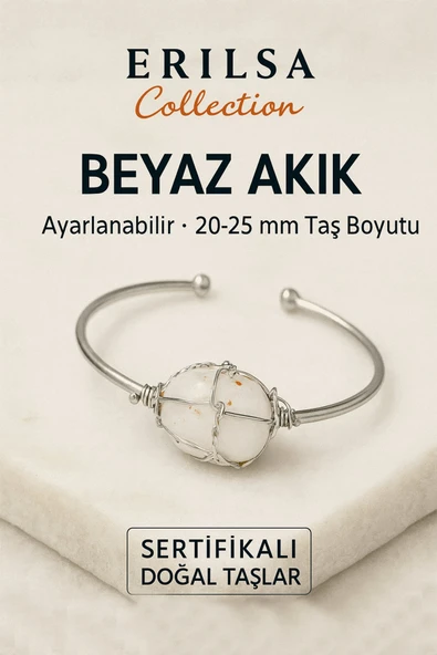 Sertifikalı Doğal Beyaz Akik Taşı Gümüş Kaplama Ayarlanabilir Bileklik – Saflık ve Denge ürün görseli 1
