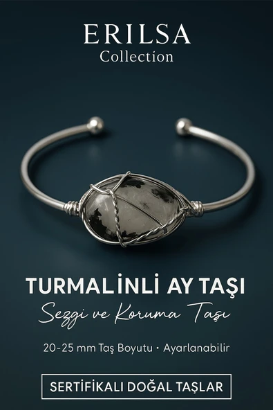 Sertifikalı Doğal Turmalinli Ay Taşı Gümüş Kaplama Ayarlanabilir Bileklik – Sezgi ve Denge ürün görseli 1