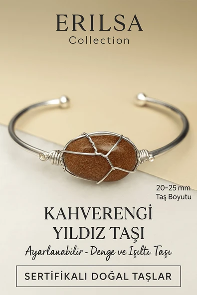 Sertifikalı Doğal Kahverengi Yıldız Taşı Ayarlanabilir Gümüş Kaplama Bileklik 20-25 mm ürün görseli 1