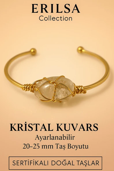 Sertifikalı Doğal Kristal Kuvars Taşı Ayarlanabilir 24K Altın Kaplama Bileklik 20-25 mm ürün görseli 1