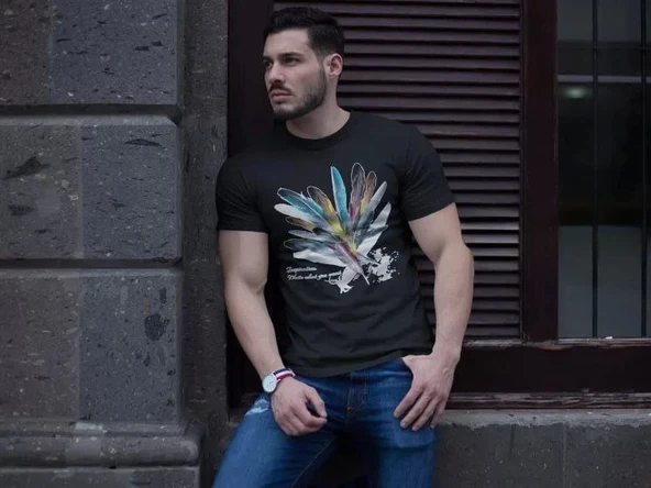 Unisex Bisiklet Yaka Baskılı Oversize T-Shirt - Siyah ürün görseli 1