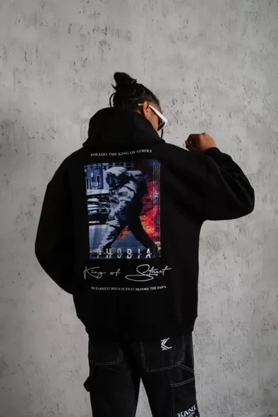 Erkek Astronot Baskılı Kapüşonlu Sweat - Siyah - Resim 3