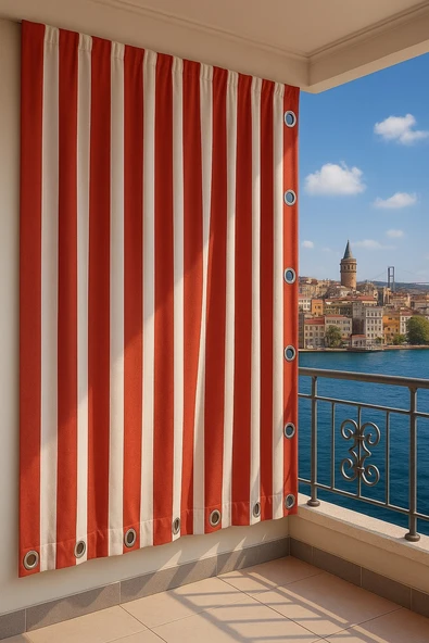 CEYLAN Home Balkon Perdesi Kuş Gözü Ölçü Seçenekli Kırmızı Beyaz Çizgili ürün görseli 1