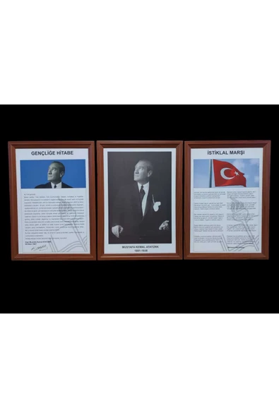 Panda Atatürk-Gençliğe Hitabe-İstiklal Marşı MDF Portre Tablo Köşe 3 lü set 35x50cm ürün görseli 1
