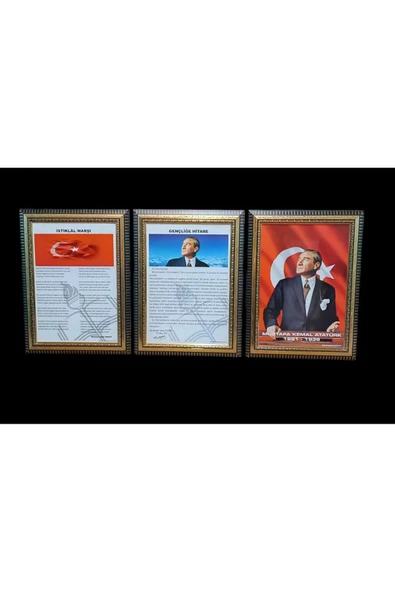 Panda Atatürk-gençliğe Hitabe-istiklal Marşı Portre Tablo Köşe 3 Lü Set 45x60cm Yaldizli ürün görseli 1