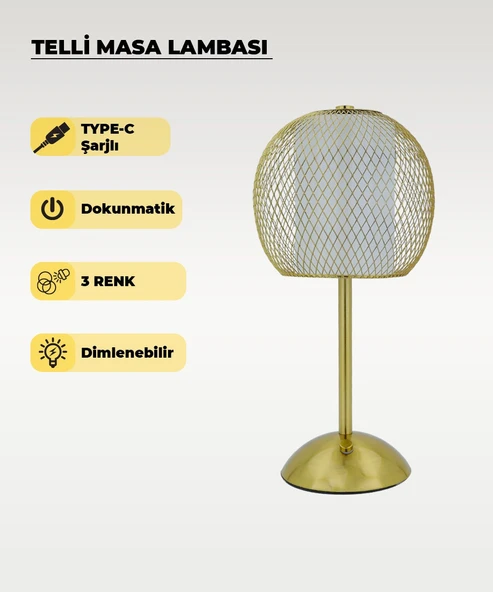Gold Telli Masa Lambası - Dokunmatik - 3 Renk Işık ürün görseli 1
