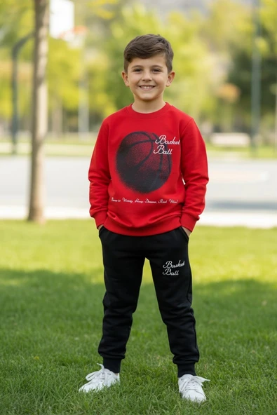 Basketball Yazı Desenli Kırmızı Renk Erkek Çocuk Eşofman Takımı ürün görseli 1