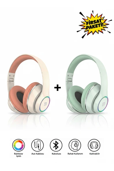 Tech&bello accessories Kablosuz Kulaküstü Pembe-Yeşil Bluetooth Kulaklık Stereo-Mikrofon-aux Sd Kart HK-035 ürün görseli 1