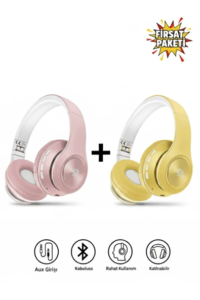 Tech&bello accessories Kablosuz Kulaküstü Pembe+Sarı Bluetooth Kulaklık Stereo-Mikrofon-aux Sd Kart HK-036 ürün görseli 1