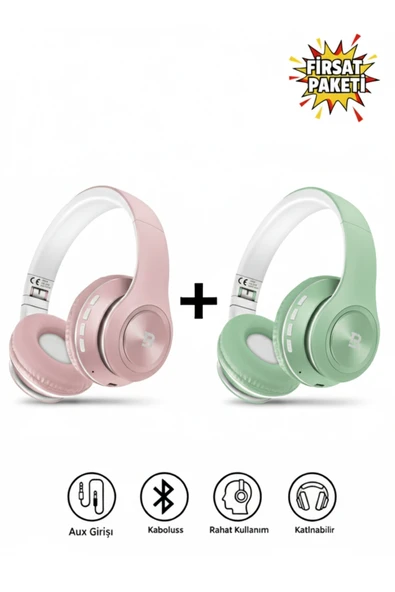 Tech&bello accessories Kablosuz Kulaküstü Pembe+Yeşil Bluetooth Kulaklık Stereo-Mikrofon-aux Sd Kart HK-036 ürün görseli 1