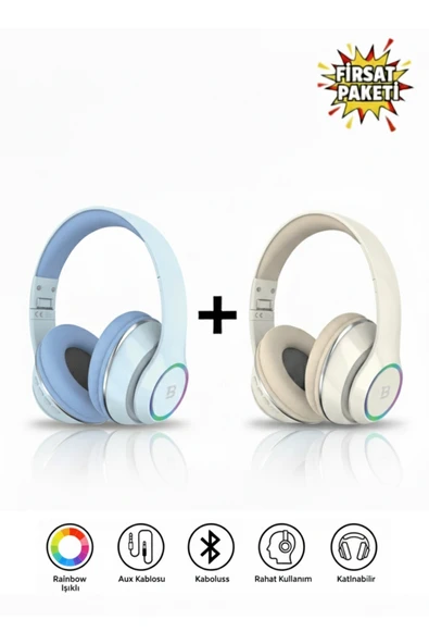 Tech&bello accessories Kablosuz Kulaküstü Mavi-Krem Bluetooth Kulaklık Stereo-Mikrofon-aux Sd Kart HK-035 ürün görseli 1