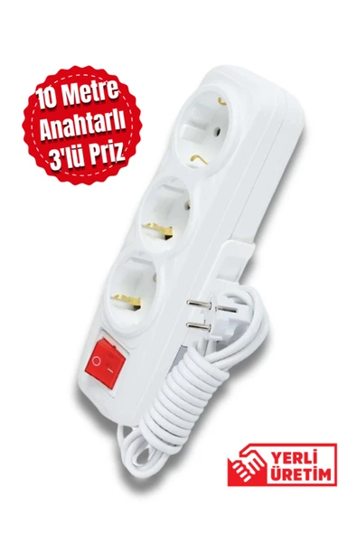 Tntech 3'lü Priz Anahtarlı 10m Uzatma Kablosu 9239 ürün görseli 1
