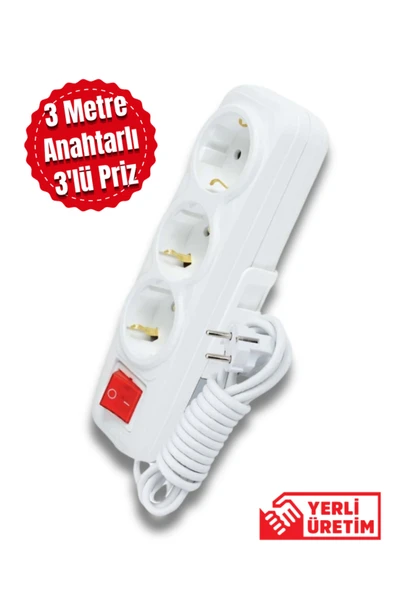 Tntech 3 Metre 3'lü Anahtarlı Topraklı Grup Priz 9236 ürün görseli 1