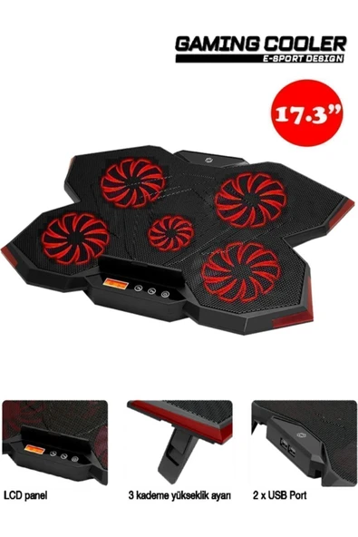 FRISBY Fnc-5255b Gp5 E-sport Design 5 Fanlı Ledli Lcd Kontrol Panelli 15-17" Pro Standlı Notebook Soğutucu ürün görseli 1