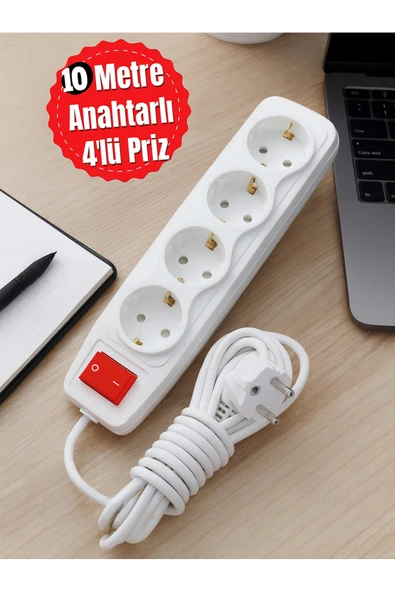 Tntech 10 Metre 4'lü Anahtarlı Kablolu Topraklı Grup Priz 9259 ürün görseli 1