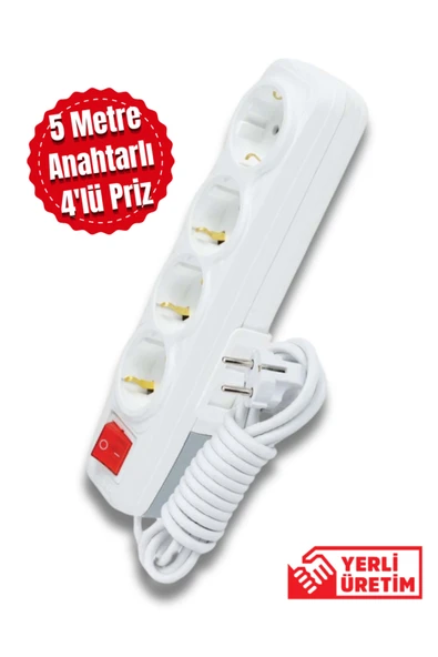 Tntech 5 Metre 4'lü Anahtarlı Kablolu Grup Priz Topraklı 9247 ürün görseli 1
