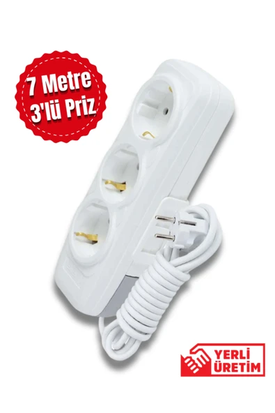 Tntech 7 Metre 3 'lü Kablolu Topraklı Grup Priz 9232 ürün görseli 1