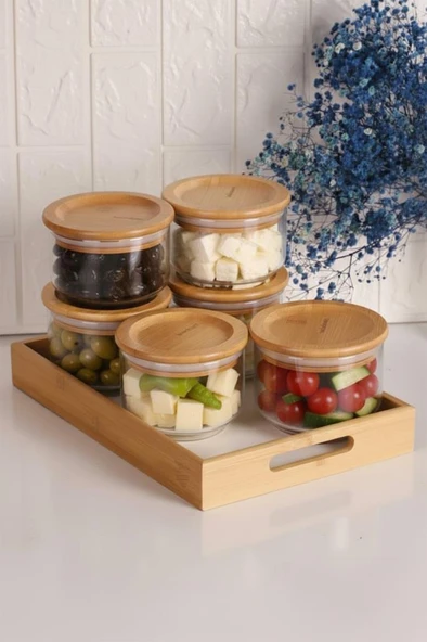 Bambum Duo 300ml 6'lı Beyaz Tepsili Bambu Kapaklı Cam Kahvaltılık ürün görseli 1