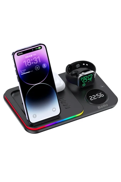 Tech&bello accessories 5in1 Telefon Saat Kulaklık Wireless Şarj Cihazı Rgb Işıklı Katlanabilir 30w A82 ürün görseli 1