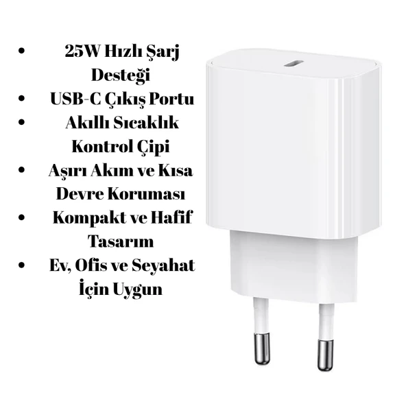 25W USB-C Hızlı Şarj Adaptörü  Akıllı Çipli, Güvenli ve Kompakt Tasarım ürün görseli 1