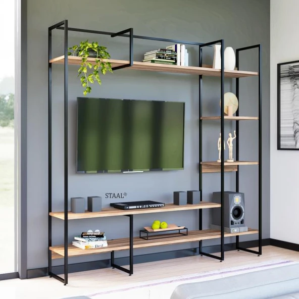 Metal Tv Ünitesi, Tv Sehpası, Duvar Ünitesi Atlantik Çam Metal Ayaklı Siyah 200x34x185 ürün görseli 1