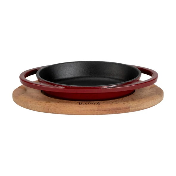 Lava Döküm Oval Sahan Döküm Demir Yekpare Çift Kulplu Kayın Servis Ahşabı Ölçü 15x10cm.-Bordo ürün görseli 1