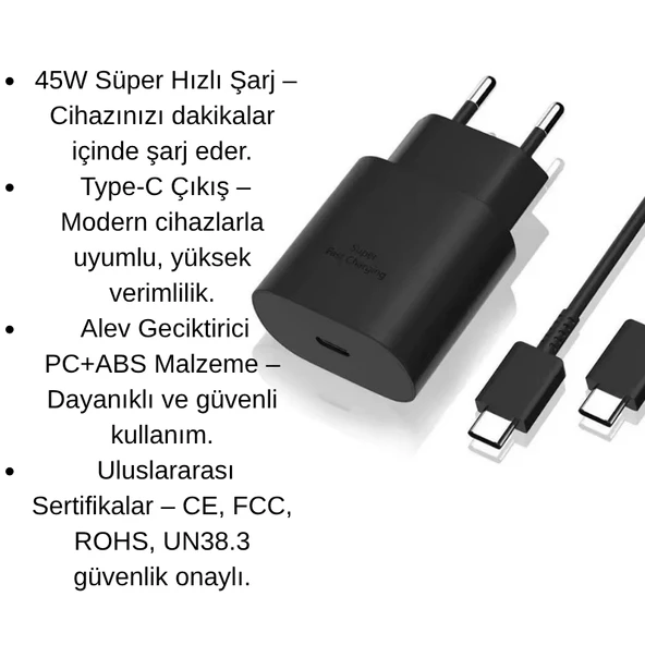 45W Süper Hızlı Şarj Adaptörü  Type-C Çıkışlı, Güvenli ve Dayanıklı Şarj Cihazı ürün görseli 1
