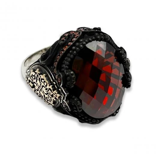 AgaKulche Gümüş Erkek Kırmızı Taşlı Damask Desen Yüzük ürün görseli 1
