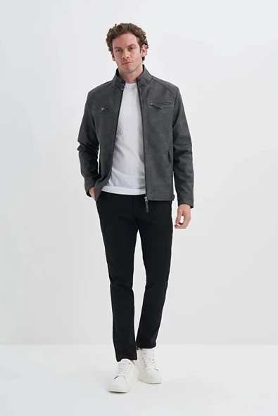 Cazador Slim Fit Vintage PU Deri Karışımlı Mont-10620 Gri ürün görseli 1