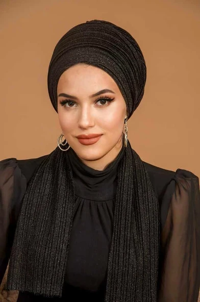 Aişe Tesettür Siyah Simli Piliseli Abiye Atkılı Bone - Resim 3