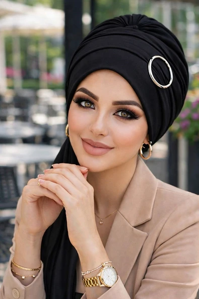 Aişe Tesettür Siyah Toka Detaylı Atkılı Bone ürün görseli 1